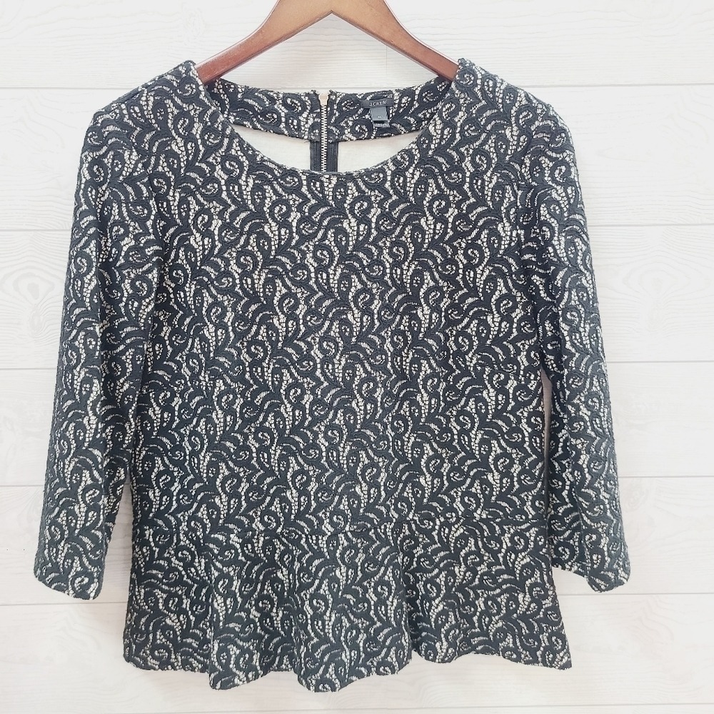 JCrew Womens Black White Floral Lace Peplum Top 3/4 Sleeve Cutout Back Size M